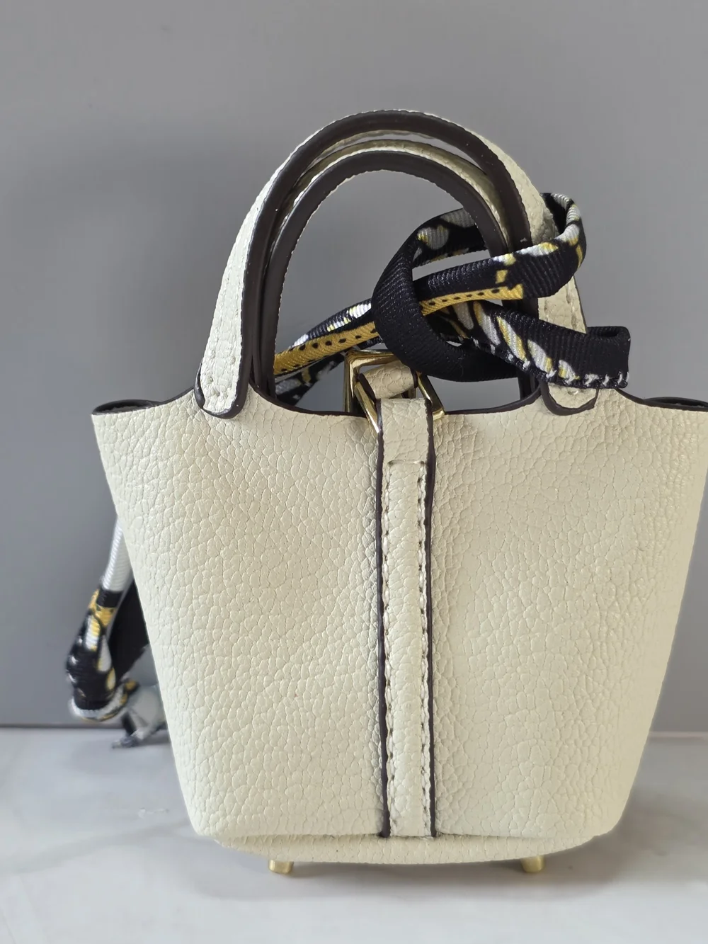 Cream Mini Leather Tote with Gold Padlock and Black Scarf Accent - Picture 2 of 3